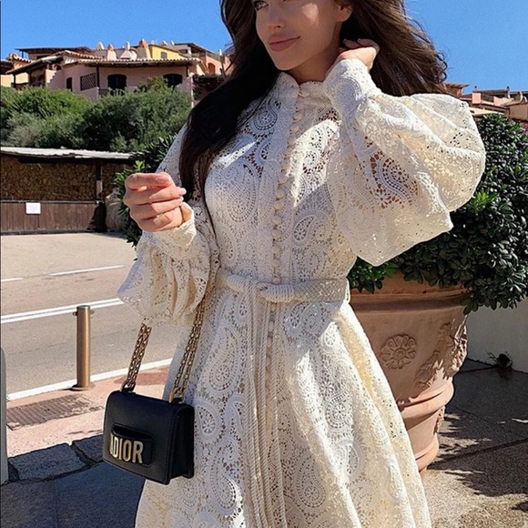 Embroidey Beige Dress Lantern Puff Sleeve Dress - Picture 2 of 16